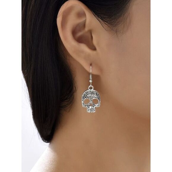 Silver Skull Etched Drop Earrings - Picture 1 of 5